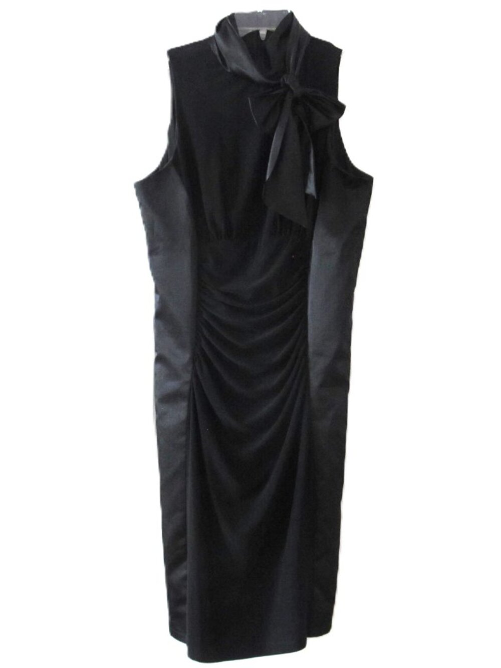 Evan Picone Little Black Ruched Satin Trim High Neck Bow Dress Sheath sz 14
